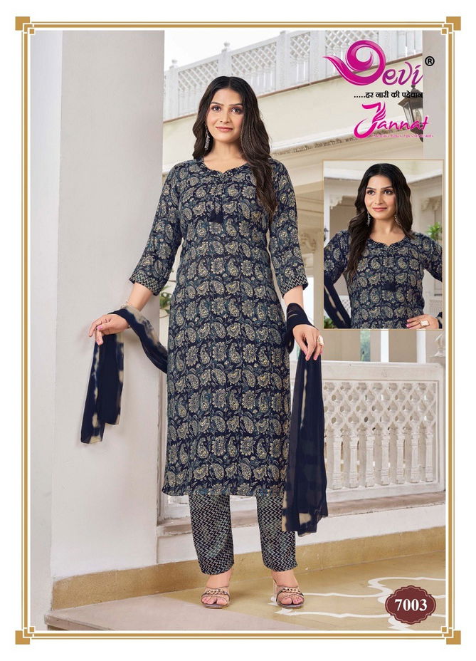 Jannat Vol 7 By Devi Rayon Printed Kurti With Bottom Dupatta Wholesale Shop In Surat